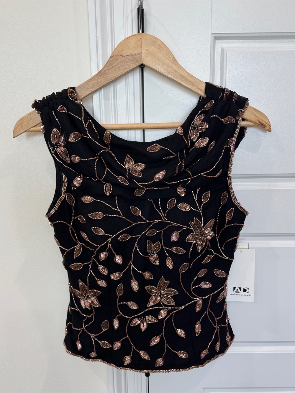 NEW 100% Silk Top Andretta Donatello Blouse Black Beaded Drape-Back Formal Fancy